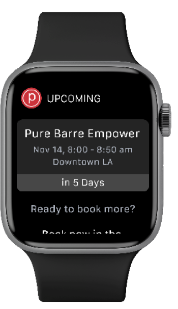 Apple watch displaying upcoming Pure Barre class